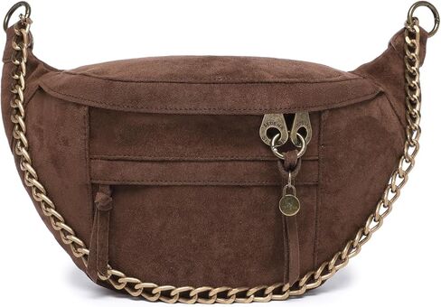 حقيبة كروس مضادة للنشل، كبيرة نباتية بنية داكنة من الجلد السويدي، جيوب RFID والنظارات، حزام قابل للتعديل، تصميم مضاد للسرقة، مقصورات متعددة، حقيبة سفر بتفاصيل سلسلة للنساء in Kuwait