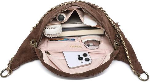 حقيبة كروس مضادة للنشل، كبيرة نباتية بنية داكنة من الجلد السويدي، جيوب RFID والنظارات، حزام قابل للتعديل، تصميم مضاد للسرقة، مقصورات متعددة، حقيبة سفر بتفاصيل سلسلة للنساء in Kuwait