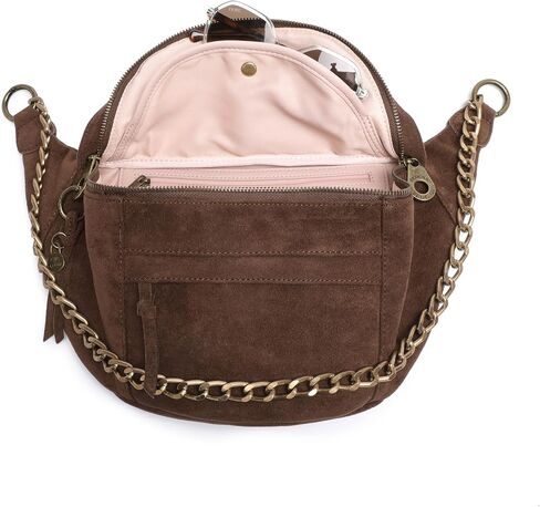 حقيبة كروس مضادة للنشل، كبيرة نباتية بنية داكنة من الجلد السويدي، جيوب RFID والنظارات، حزام قابل للتعديل، تصميم مضاد للسرقة، مقصورات متعددة، حقيبة سفر بتفاصيل سلسلة للنساء in Kuwait