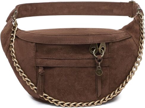 حقيبة كروس مضادة للنشل، كبيرة نباتية بنية داكنة من الجلد السويدي، جيوب RFID والنظارات، حزام قابل للتعديل، تصميم مضاد للسرقة، مقصورات متعددة، حقيبة سفر بتفاصيل سلسلة للنساء in Kuwait