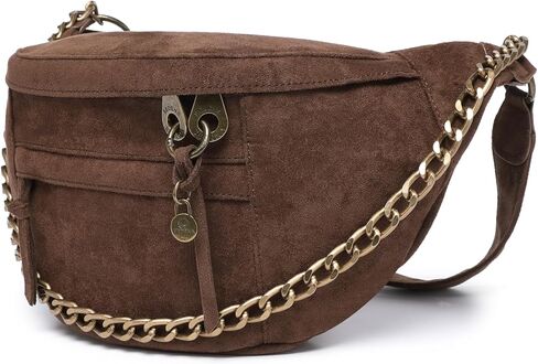 حقيبة كروس مضادة للنشل، كبيرة نباتية بنية داكنة من الجلد السويدي، جيوب RFID والنظارات، حزام قابل للتعديل، تصميم مضاد للسرقة، مقصورات متعددة، حقيبة سفر بتفاصيل سلسلة للنساء in Kuwait