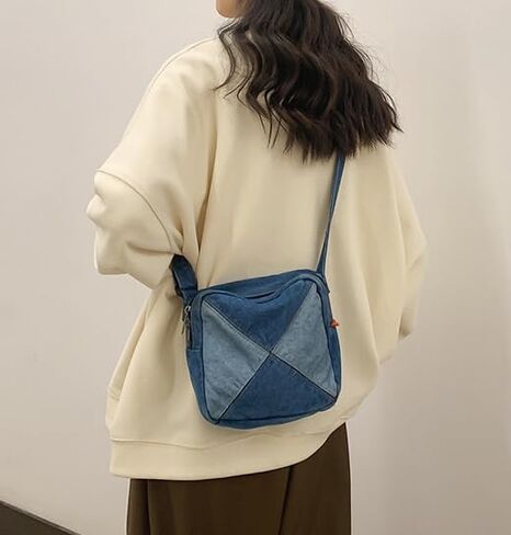 Color-Block Denim Crossbody Bag Unisex Casual Square Shoulder Bag in Saudi Arabia