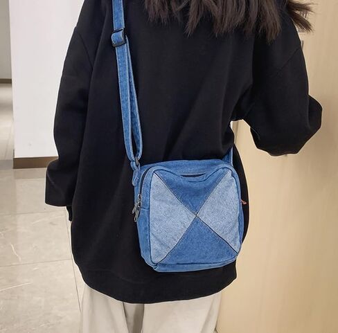 Color-Block Denim Crossbody Bag Unisex Casual Square Shoulder Bag in Saudi Arabia