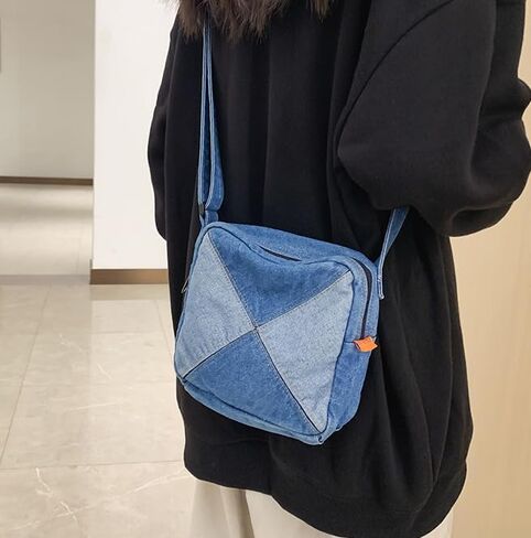 Color-Block Denim Crossbody Bag Unisex Casual Square Shoulder Bag in Saudi Arabia