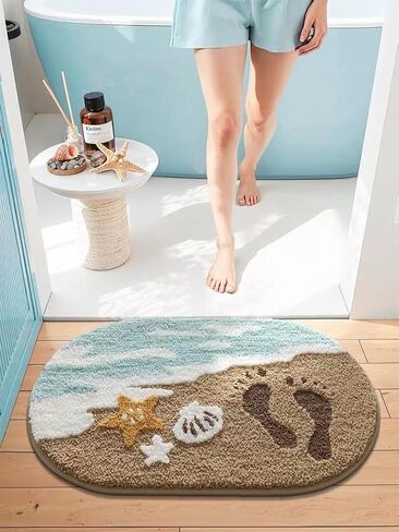 FANSSMILE Beach Bathroom Rug Non-Slip Absorbent Bathroom Mat, Ocean Sea Themed Decor Soft Tufted Plush, Machine Washable Coastal Bathroom Rug for Shower Kids Room Decor (19.7X31.5 Inch, Beach) in Kuwait