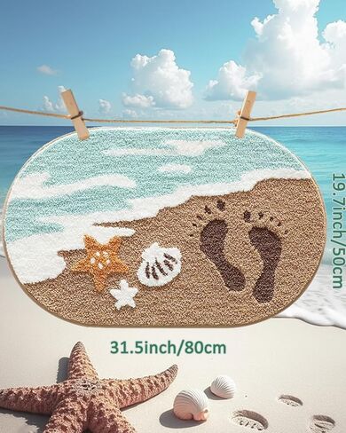 FANSSMILE Beach Bathroom Rug Non-Slip Absorbent Bathroom Mat, Ocean Sea Themed Decor Soft Tufted Plush, Machine Washable Coastal Bathroom Rug for Shower Kids Room Decor (19.7X31.5 Inch, Beach) in Kuwait
