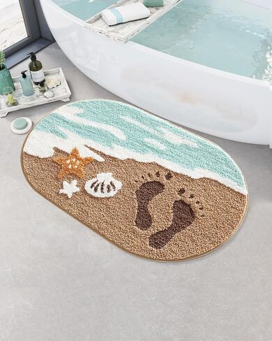 FANSSMILE Beach Bathroom Rug Non-Slip Absorbent Bathroom Mat, Ocean Sea Themed Decor Soft Tufted Plush, Machine Washable Coastal Bathroom Rug for Shower Kids Room Decor (19.7X31.5 Inch, Beach) in Kuwait