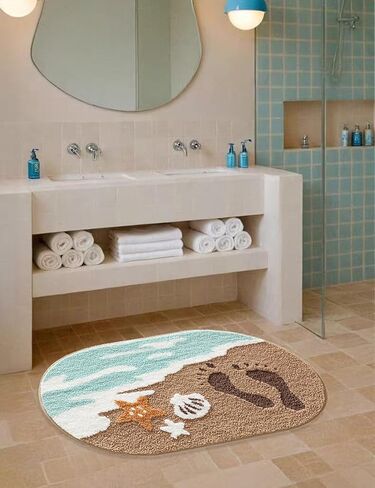 FANSSMILE Beach Bathroom Rug Non-Slip Absorbent Bathroom Mat, Ocean Sea Themed Decor Soft Tufted Plush, Machine Washable Coastal Bathroom Rug for Shower Kids Room Decor (19.7X31.5 Inch, Beach) in Kuwait