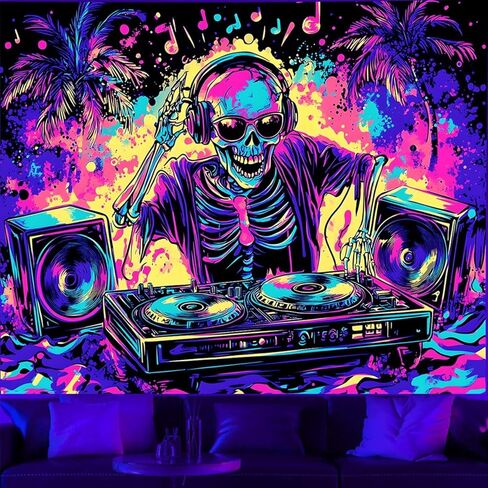 TUGCAY Blacklight Skull Tapestry UV Reactive Skeleton Tapestry Funny Music Tapestries Wall Hanging for Bedroom Dorm Party Decor (51.2 x 59.1 inches) in Kuwait