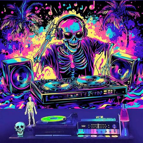 TUGCAY Blacklight Skull Tapestry UV Reactive Skeleton Tapestry Funny Music Tapestries Wall Hanging for Bedroom Dorm Party Decor (51.2 x 59.1 inches) in Kuwait