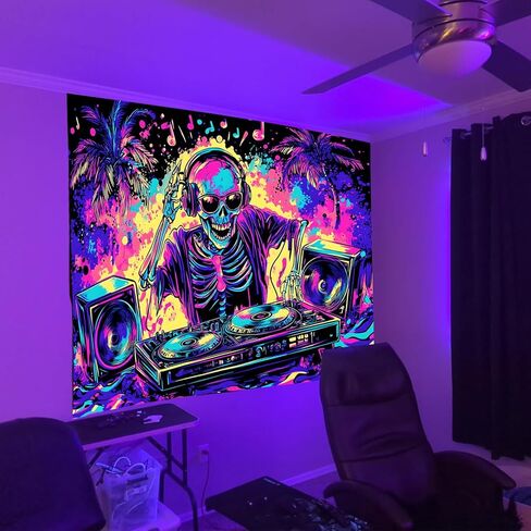 TUGCAY Blacklight Skull Tapestry UV Reactive Skeleton Tapestry Funny Music Tapestries Wall Hanging for Bedroom Dorm Party Decor (51.2 x 59.1 inches) in Kuwait