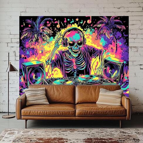 TUGCAY Blacklight Skull Tapestry UV Reactive Skeleton Tapestry Funny Music Tapestries Wall Hanging for Bedroom Dorm Party Decor (51.2 x 59.1 inches) in Kuwait