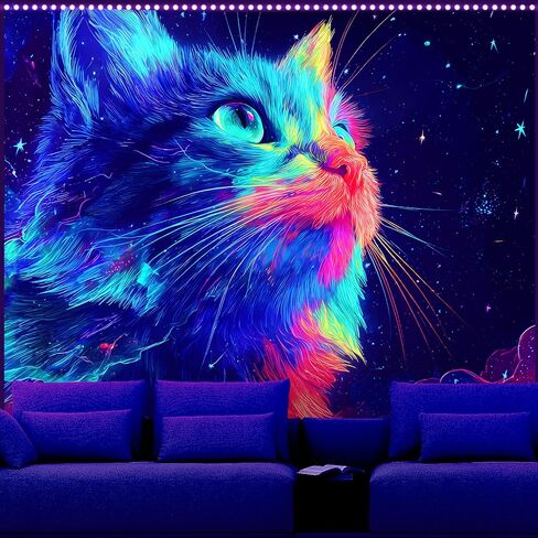 AOHMPT Glow in The Dark Tapestry Wall Hanging with Reactive UV Ideal for Bedroom, Living Room, Halloween Party Decorations Cat Design 78'' × 59'' Inch in Kuwait