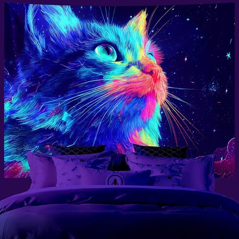 AOHMPT Glow in The Dark Tapestry Wall Hanging with Reactive UV Ideal for Bedroom, Living Room, Halloween Party Decorations Cat Design 78'' × 59'' Inch in Kuwait
