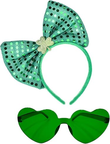 St. Patrick's Day Headband and Glasses Green Sequins Bowknot Headbands Hair Hoops Shamrock Clover Headband for Women in Saudi Arabia