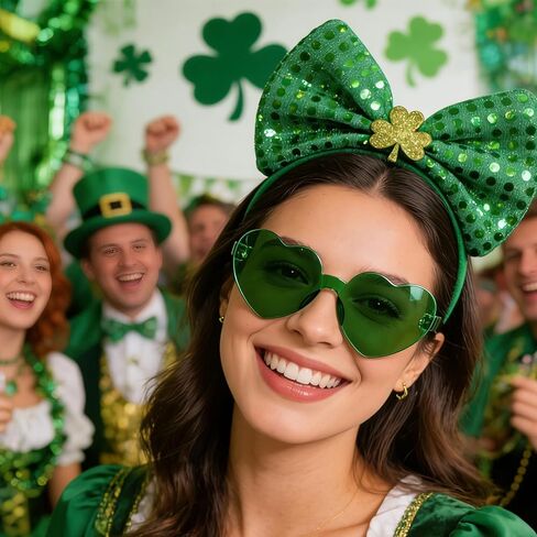 St. Patrick's Day Headband and Glasses Green Sequins Bowknot Headbands Hair Hoops Shamrock Clover Headband for Women in Saudi Arabia
