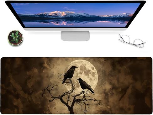 Gothic Crow and Moon Gaming Mouse Pad,12x31.5in Non-Slip Rubber Raven and Tree Dark Desk Mat,Large Extended Goth Rustic Mousepad for Office Home Laptop,Mice Pads Gifts,Game Lover Deskmat Decor in Saudi Arabia