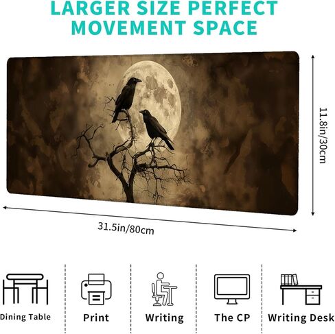 Gothic Crow and Moon Gaming Mouse Pad,12x31.5in Non-Slip Rubber Raven and Tree Dark Desk Mat,Large Extended Goth Rustic Mousepad for Office Home Laptop,Mice Pads Gifts,Game Lover Deskmat Decor in Saudi Arabia