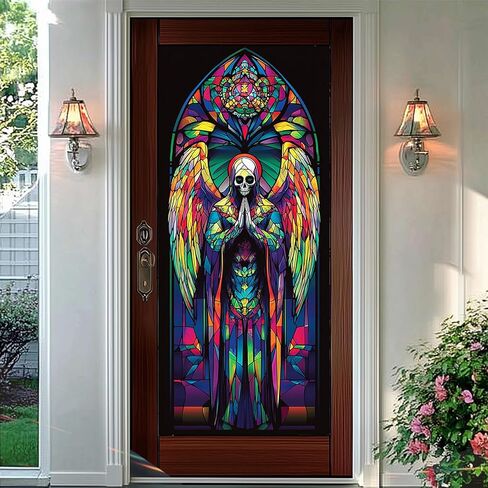 Gothic Rainbow Skull Angel Privacy Window Film Stained Glass Decorative Cling for Glass Doors and Windows Colorful Halloween PVC Panel 17.7x39.3 Inch Indoor Home Office Decor in Saudi Arabia