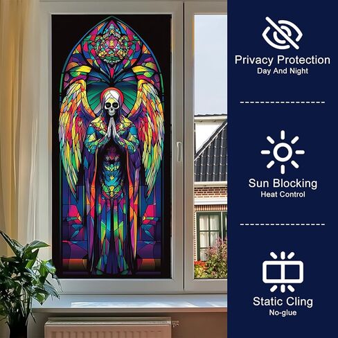 Gothic Rainbow Skull Angel Privacy Window Film Stained Glass Decorative Cling for Glass Doors and Windows Colorful Halloween PVC Panel 17.7x39.3 Inch Indoor Home Office Decor in Saudi Arabia