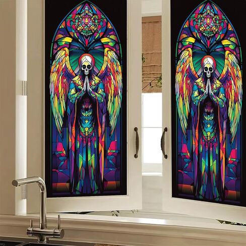 Gothic Rainbow Skull Angel Privacy Window Film Stained Glass Decorative Cling for Glass Doors and Windows Colorful Halloween PVC Panel 17.7x39.3 Inch Indoor Home Office Decor in Saudi Arabia