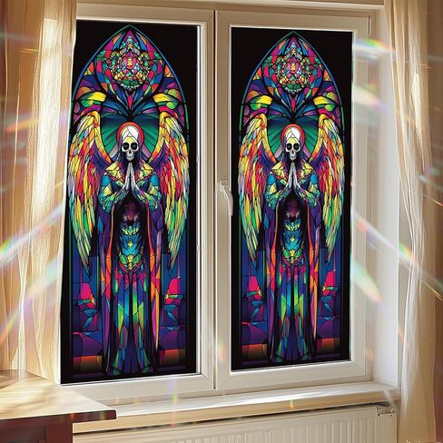 Gothic Rainbow Skull Angel Privacy Window Film Stained Glass Decorative Cling for Glass Doors and Windows Colorful Halloween PVC Panel 17.7x39.3 Inch Indoor Home Office Decor in Saudi Arabia