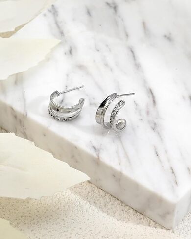 Silver Double CZ Huggie Hoop Earrings for One Hole Dainty Hypoallergenic Earrings for Women Exquisite Zircon-Embedded Fashion Jewelry in Saudi Arabia
