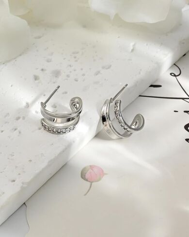 Silver Double CZ Huggie Hoop Earrings for One Hole Dainty Hypoallergenic Earrings for Women Exquisite Zircon-Embedded Fashion Jewelry in Saudi Arabia