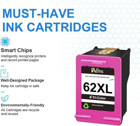 62XL Color Ink Cartridge Replacement for HP Ink 62 XL 62 Ink Work with HP Envy 7640 7645 5660 5540 5640 OfficeJet 5740 8040 OfficeJet 250 200 (1 Pack) in Kuwait