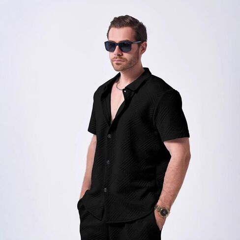Men's Textured Short Sleeve Button Up Shirt, Lightweight Breathable Loungewear, for Summer Lounging and Daily Wear in Saudi Arabia