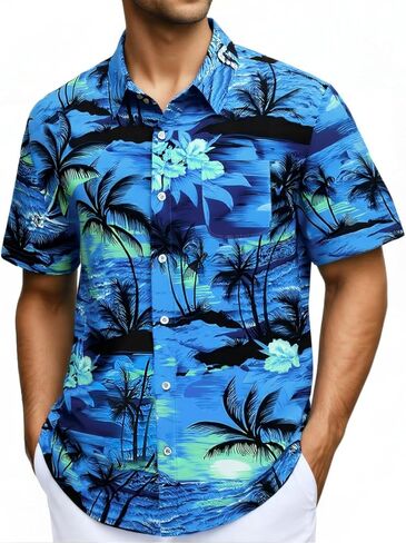 Mens Hawaiian Shirts Short Sleeve Button Down Shirts Tropical Floral Palm Summer Beach Lightweight Collar Shirt in Saudi Arabia