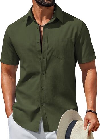 COOFANDY Men's Short Sleeve Button Down Shirts Summer Cotton Lyocell Linen Textured Casual Beach Shirts with Pocket in Saudi Arabia