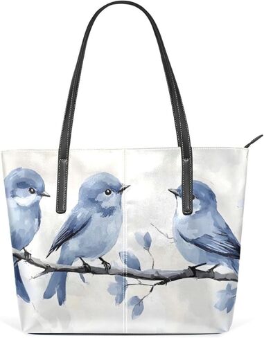 Birds Branch Blue Large Tote Bag for Women – PU Leather, Top Handle, Waterproof Shoulder Bag with Zipper for Travel Shopping in Saudi Arabia