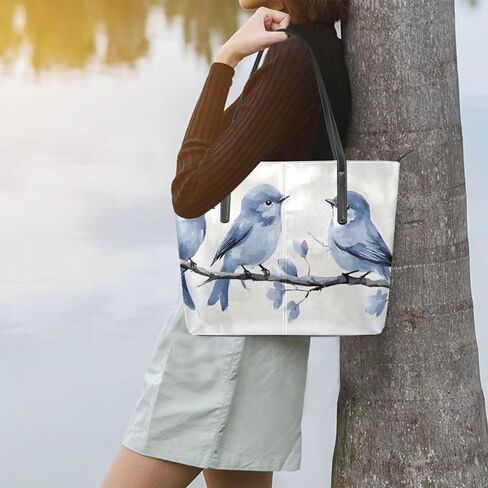 Birds Branch Blue Large Tote Bag for Women – PU Leather, Top Handle, Waterproof Shoulder Bag with Zipper for Travel Shopping in Saudi Arabia