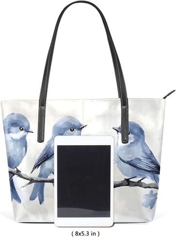Birds Branch Blue Large Tote Bag for Women – PU Leather, Top Handle, Waterproof Shoulder Bag with Zipper for Travel Shopping in Saudi Arabia