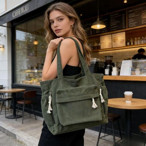 1-Piece Corduroy Tote Bag for Women,Vintage Canvas Shoulder Bag with Multiple Pockets,Large Tote Bag for Work in Green in Saudi Arabia