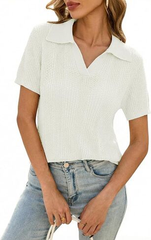 Cakulo Womens Short Sleeve Sweaters Tops Spring Summer 2026 Polo V Neck Collared Crochet Knit Vacation Casual Work Top in Kuwait