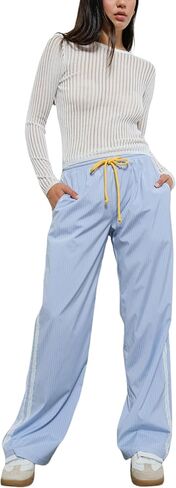 بنطال Gozoloma النسائي المقلم بتصميم دانتيل جانبي وبنطلون واسع الساق مع جيوب in Kuwait