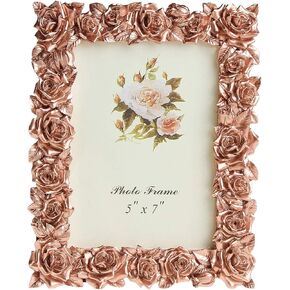 إطار صورة من الراتنج على طراز الحديقة مزين بزهرة الورد مع لوح زجاجي بليكسي عالي الدقة لعرض الصور على سطح الطاولة، لون ذهبي وردي، 5 × 7 بوصة in Kuwait
