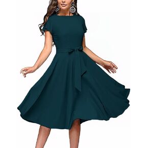 FENJAR Women's Cocktail Dress Short Ruffle Sleeve Vintage Wedding Guest Work Semi Formal A Line Midi Dresses with Belt in Kuwait
