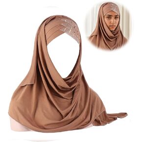 غطاء رأس إسلامي حجاب مزين بالترتر، وشاح بلون سادة خفيف الوزن وطويل وقابل للتعديل غطاء رأس مرن قابل للتمدد للنساء (لون القهوة) in Kuwait