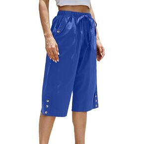 WROLEM Women Pocket Pants Lightweight Wide Leg Drawstring Elastic Waist Yoga Lounge Cropped Pants in Kuwait