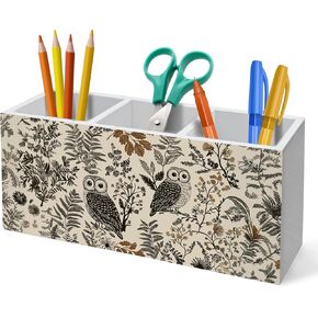 Vintage Boho Owl Floral Pen Holder for Desk Decoration, Neutral Farmhouse Botanical Wooden Box Sign Pencil Holder Organizer for Home Office Desk Accessories, Owl Gifts for Women in Kuwait