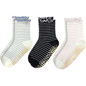 Striped Yoga Socks for Women – 3 Pairs Non Slip Grip Pilates Barre Crew Socks, Cute Ruffle Style in Kuwait