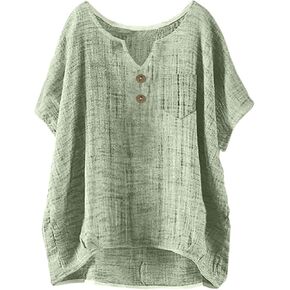 Womens Summer Tops Casual Linen Cotton Tunic Blouse Short Sleeve Button Shirts with Pocket Beach Vacation Tees in Saudi Arabia