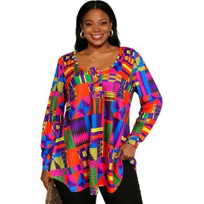 Sinono المرأة طويلة الأكمام هينلي تي شيرت زر فضفاضة تناسب الأفريقية Dashiki تونك القمم بلوزة ملابس غير رسمية in Kuwait