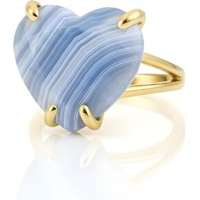 Blue Lace Agate Heart Ring - 14K Gold Double Band Solitaire - Semiprecious Gemstone Jewelry for Women in Kuwait