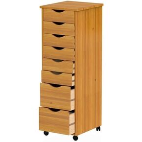 Pemberly Row Hardwood Roll Utility Cart, 8 Removable Drawers, Medium Pine Finish, Plantation-Grown Solid Pine, L 15.35" x W 13.25" x H 40.28", Smooth Mobile Casters, Compact Storage for Home or Office in Kuwait