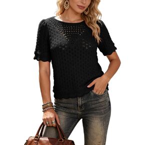 المرأة القطن نفخة قصيرة الأكمام الكروشيه متماسكة قمم طاقم Ceck البلوز البلوزات مع تصميم تنحنح صدفي in Kuwait