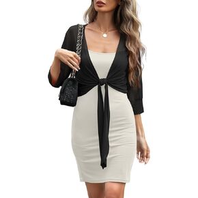 KUOTAI Womens Shrug Sweaters Sheer Mesh Bolero Tie Front Cropped Cardigan 3/4 Sleeve Lightweight Dress Cover Up in Kuwait